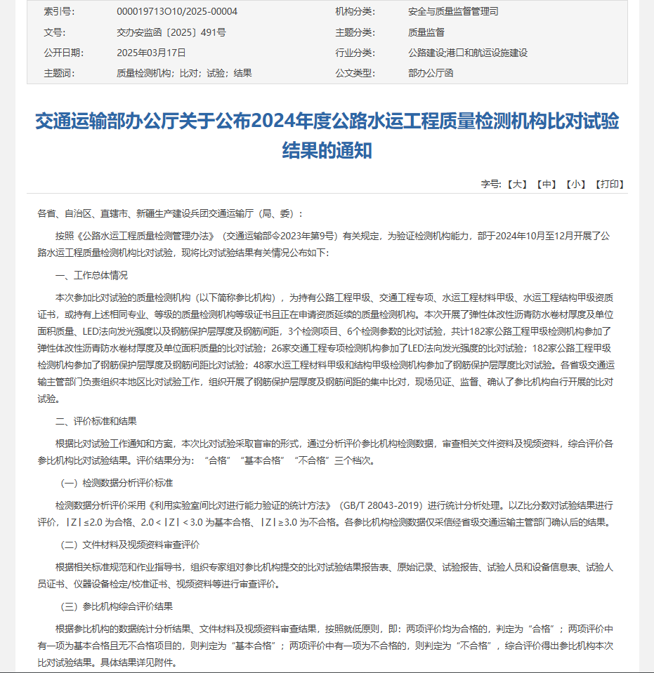 OK138太阳集团顺利通过交通运输部公路2024年度公路水运工程质量检测机构比对试验